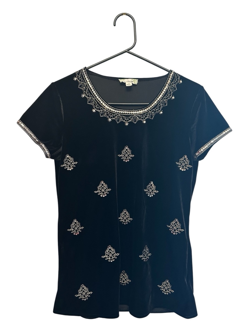 Vintage Y2K Nurture Black Velvet Short-Sleeve Top with Gold Embroidery Small